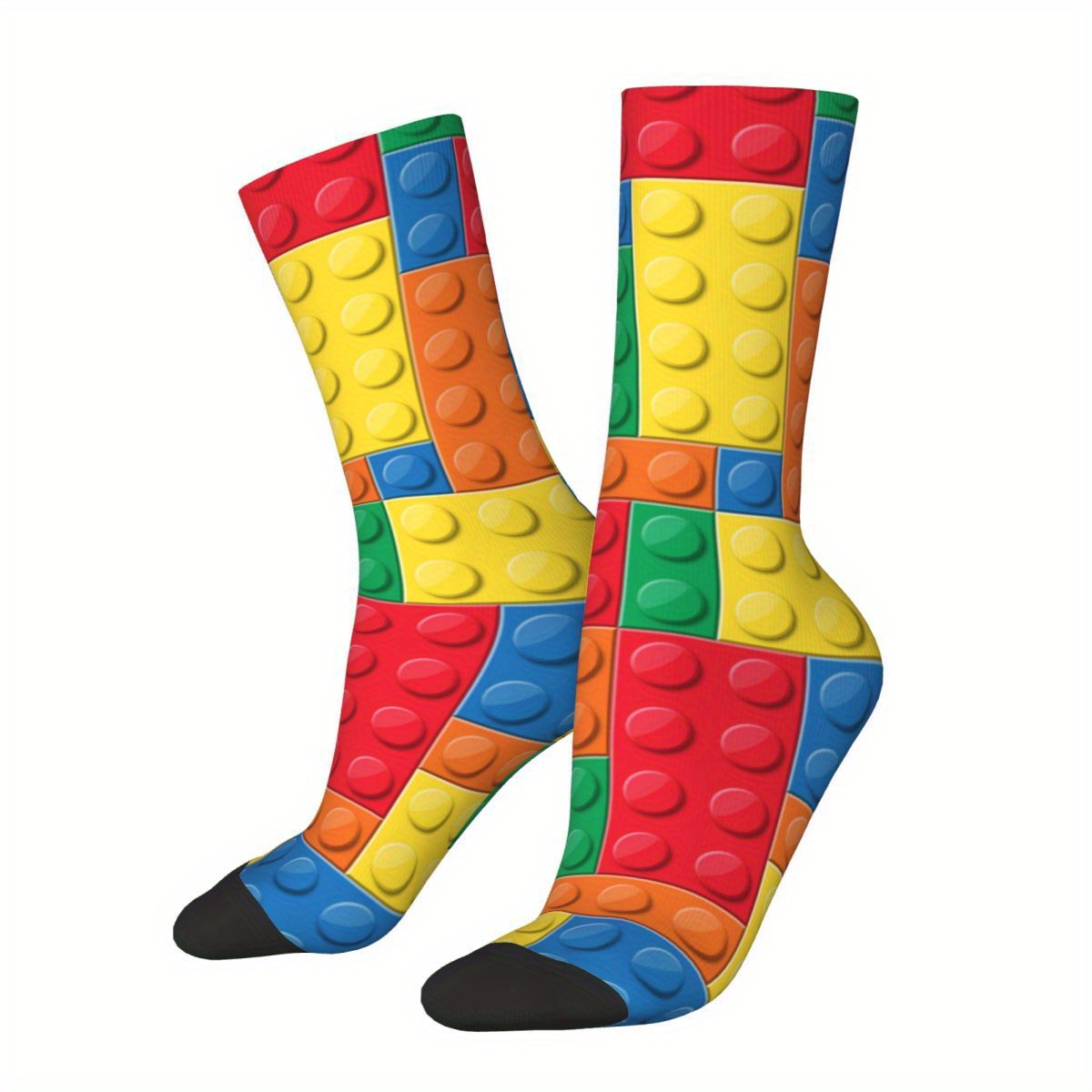 

1 Pair Biihudu Building Blocks Cartoon Print Knit Polyester Socks With 5% Elastane, 300g/m² Fabric Weight, Hand Washable Novelty Crew Socks