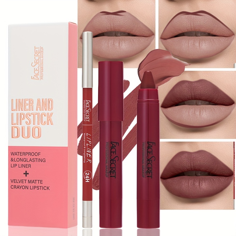 2pcs long lasting matte lipstick and   set - vegan velvet lip crayon & waterproof liner for adults -   types - full coverage, matte effect, crease-resistant lip makeup kit 0