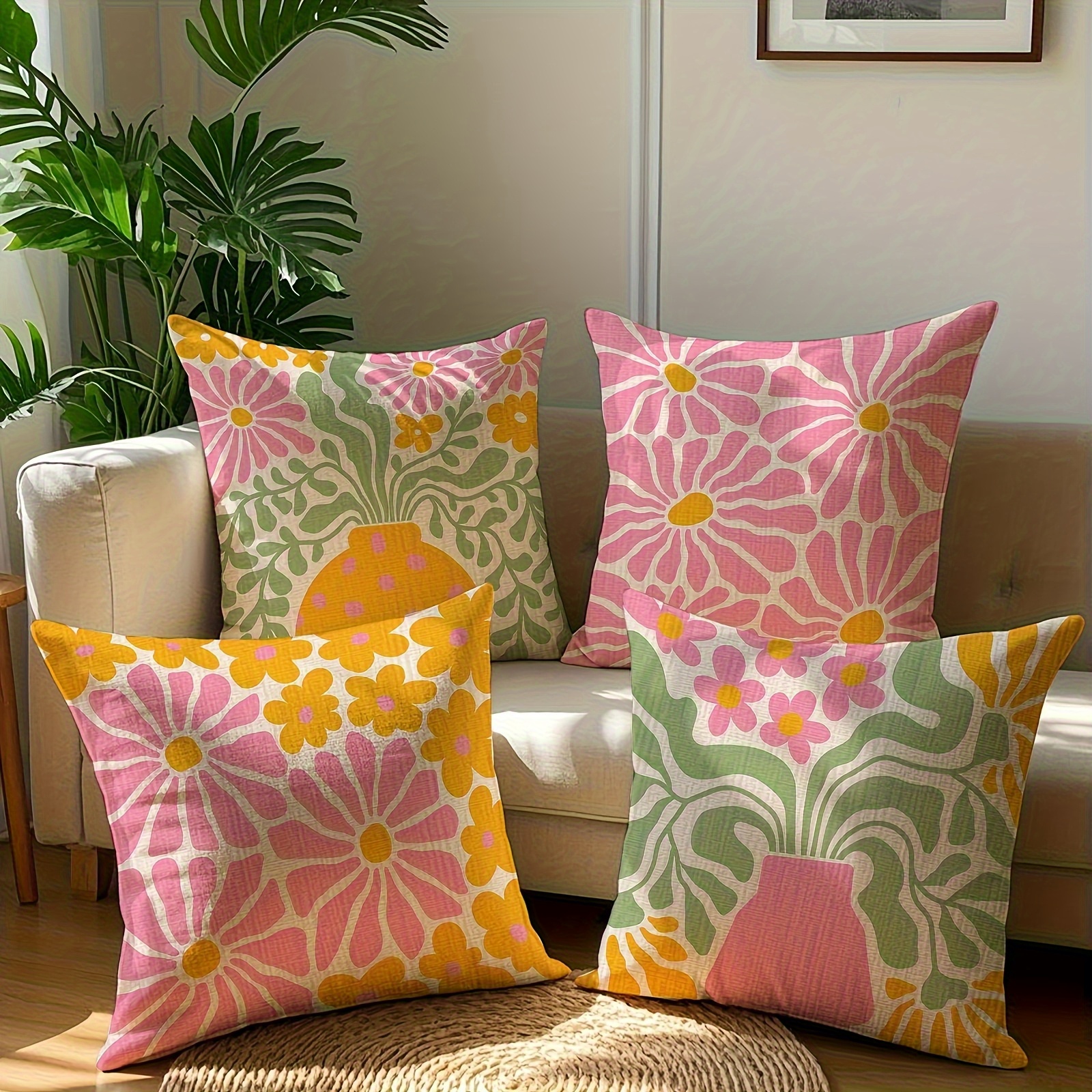 TEMU 2D Flat - Einseitig 4 Stück Einseitig D Flat Böhmisch Blumenmuster Kissen Helle Retro Blumenmuster Reißverschluss Maschinenwaschbar Geeignet für