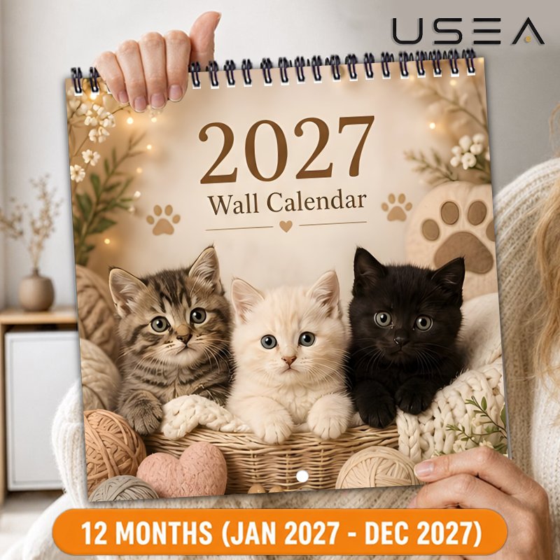 TEMU Calendrier Adhésif Mural 2027, 12 Mois (Janvier-Décembre), Calendrier Mural Chatons Mignons, 8.3X8.3 Pouces, , Reliure Spirale à Double Fil,