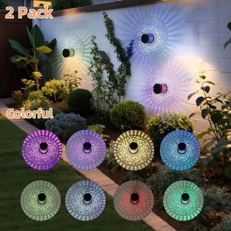 TEMU 2pcs Solar Outdoor Courtyard Wall Lights, Color-changing Vintage Openwork Outdoor Wall Sconces Fence Lights, Mandala Light And Shadow Led Solar