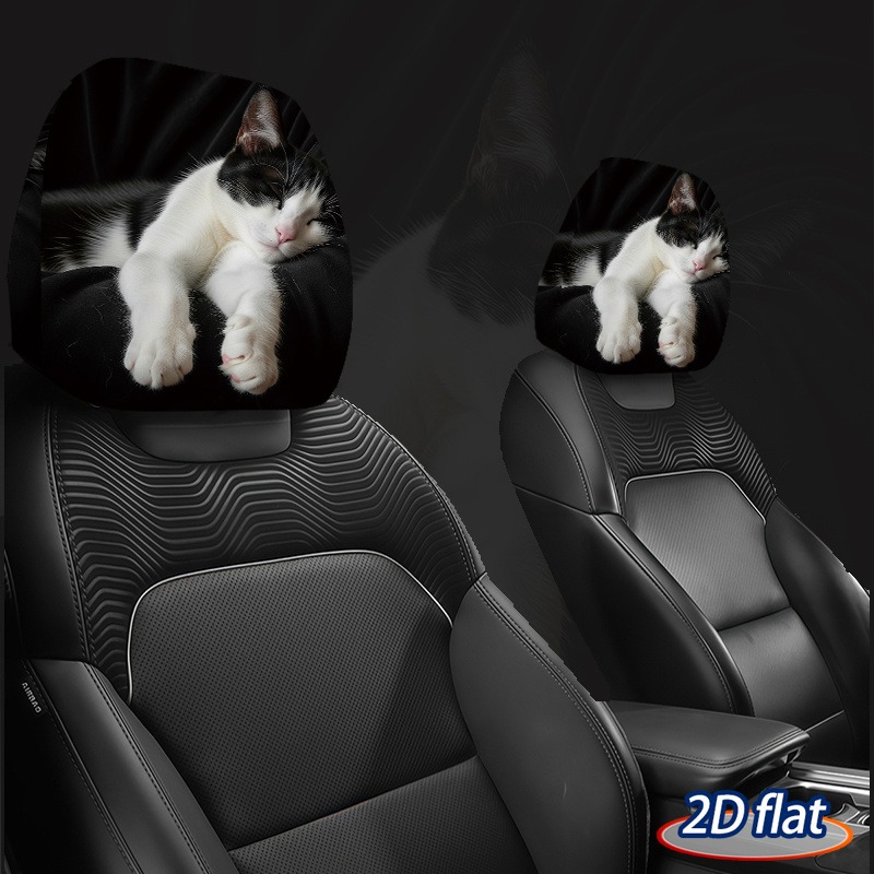 TEMU 2pcs Black And White Cat Lying Pattern Printed Car Headrest Covers, Paw Raised Design, 2d Flat, Enhancing Fun, Seat Headrest Protection Covers,