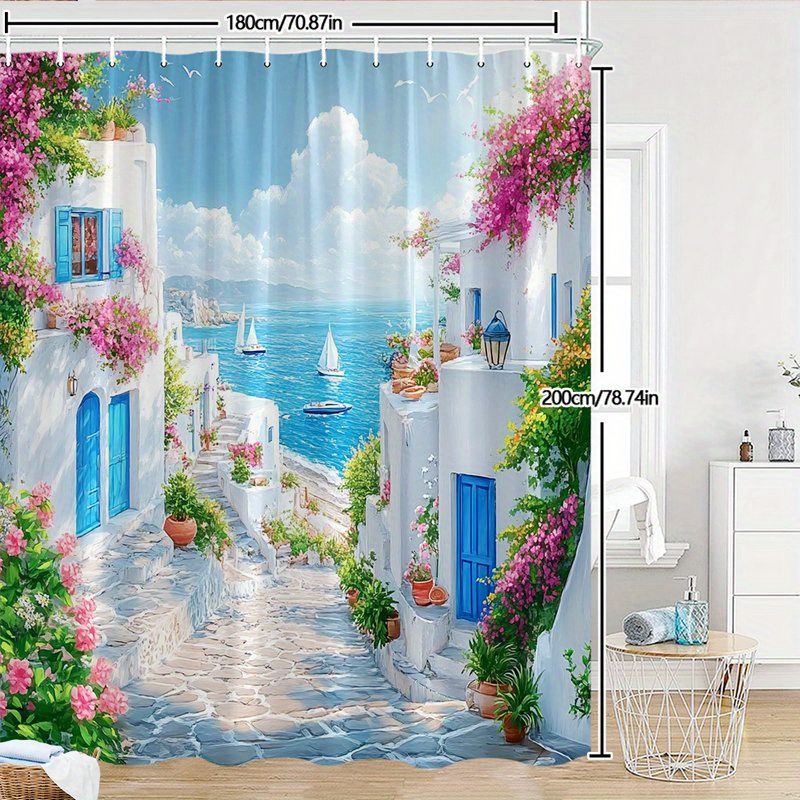 TEMU A Single Shower Curtain Depicting A Greek Island Village, Showcasing Whitewashed With Shutters And Doors, A Cobblestone With Colorful Pink And