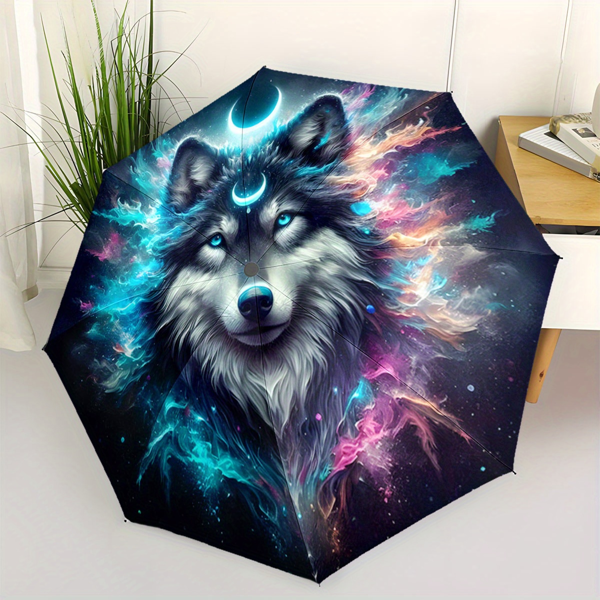 Image of Automatic Folding Umbrella A Wolf Surrounded By Vibrant Waves. Portable Collapsible Design, Casual Outdoor Accessory, For , Christmas Birthday Festival Gift