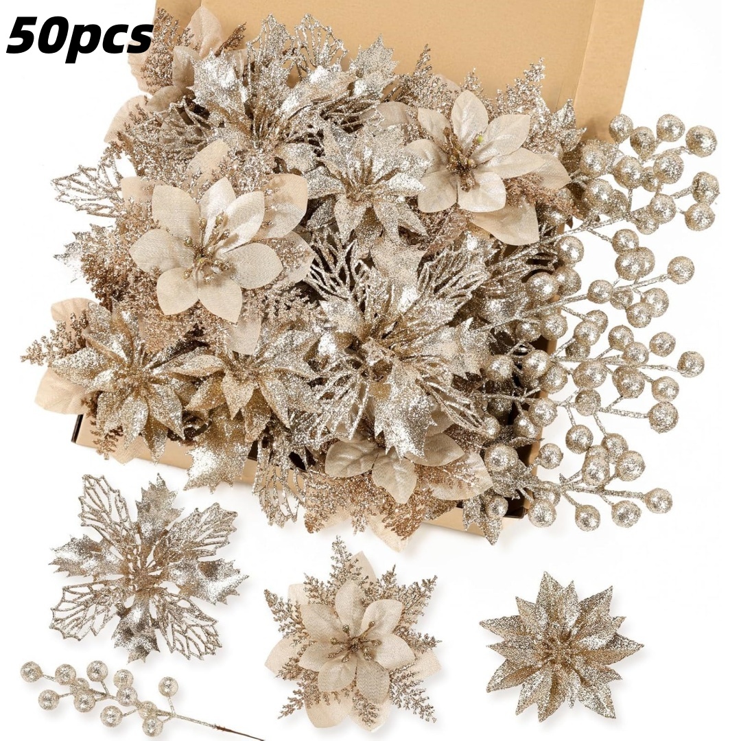 TEMU Lot de 20 pièces de fleurs artificielles poussins-de-Inde scintillantes, comprenant 15 fleurs + 15 tiges + 15 pinces + 5 artificielles. Kit de