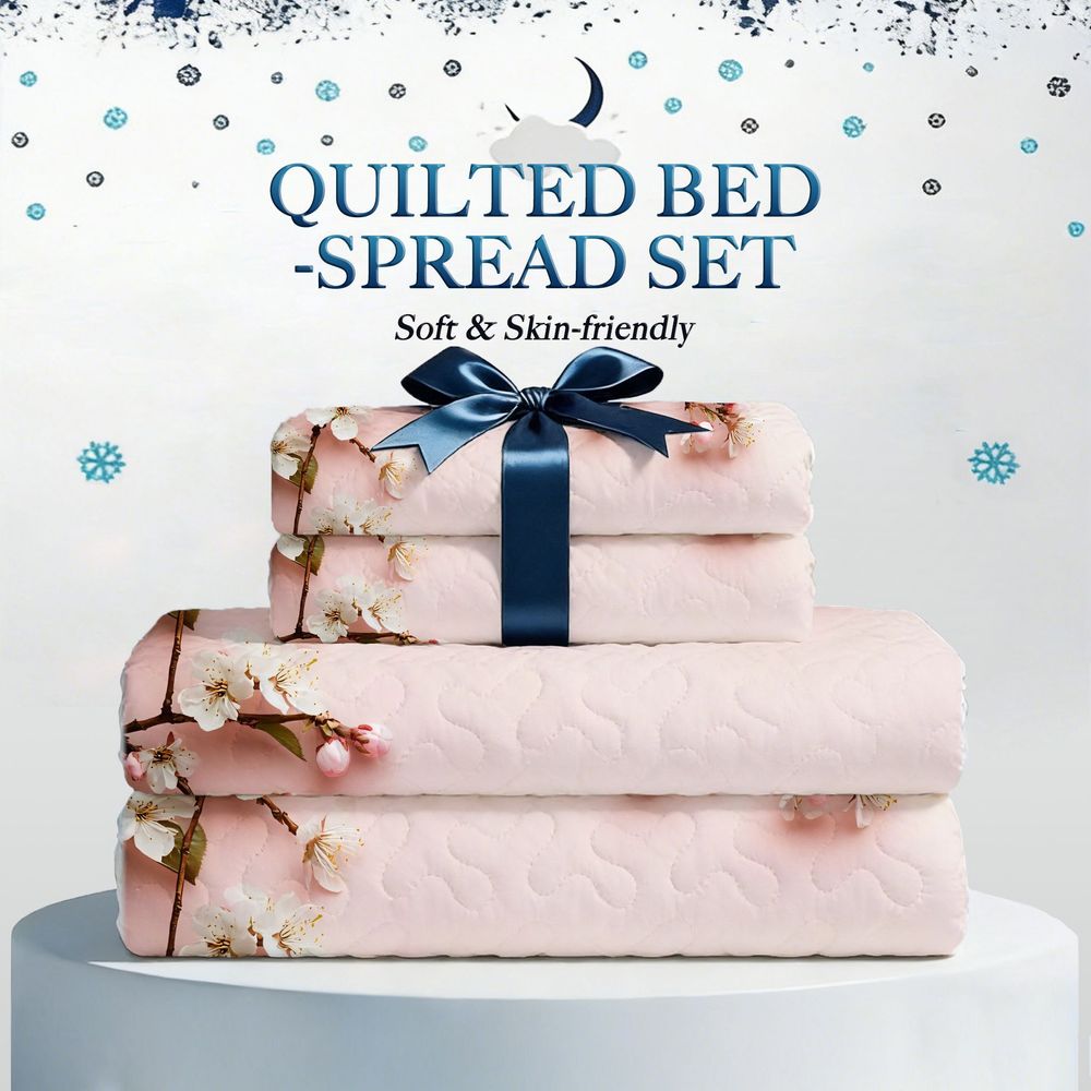 2/3pcs Quilt Set Elegant 2D Cherry Blossom Pattern Bedspread Set, Soft Pink & White Floral Quilt Bed Cover Set (1 Quilt + 1/2 Pillowcases), Spring Serene Floral Bedding for Bedroom Decor, Delicate Blossom Branches with White Flowers & Pink Buds