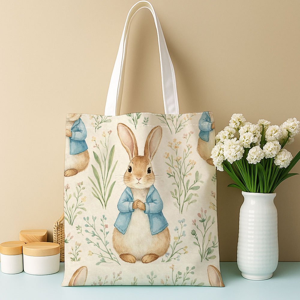 TEMU 1pc Women's Vintage Illustration Print Tote Bag, Rabbit Floral Pattern Fixed Shoulder Strap Single Shoulder Bag, Durable Unlined Shopping Bag,