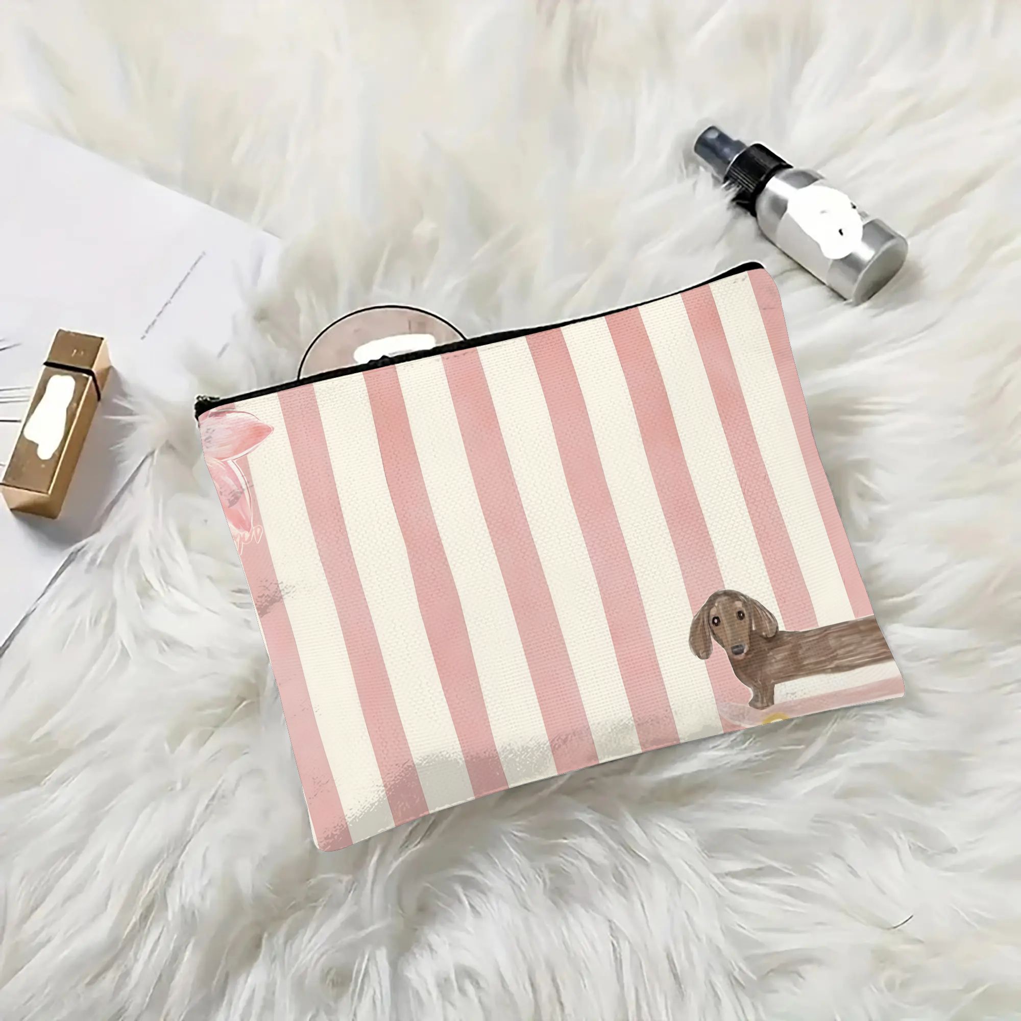 TEMU 1pc, Cute Dachshund Pink Striped Print Makeup Bag, Suitable For The Office Or Commuting, Adds A Touch Of Neatness To Life, Multi-functional