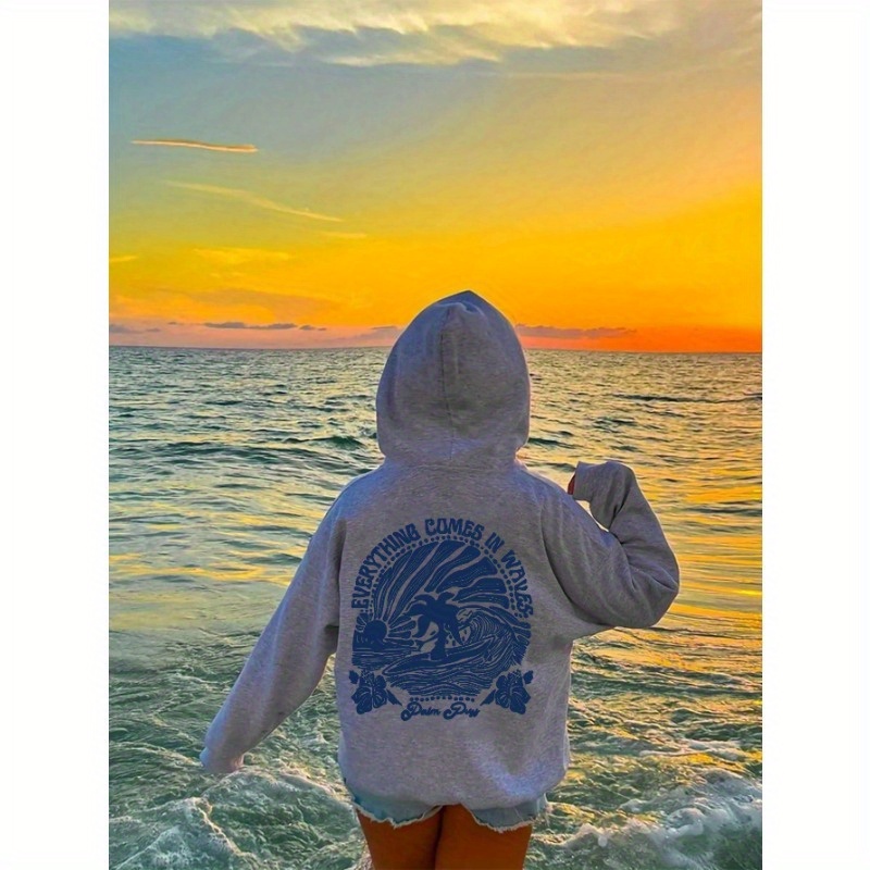 Cozy Youngsters' Fleece-Lined Hoodie with Artistic Wave & Sunset Print - Casual, Loose Fit Pullover for Girls, Perfect for Fall/ Winter, 50% Cotton 50% Polyester Blend