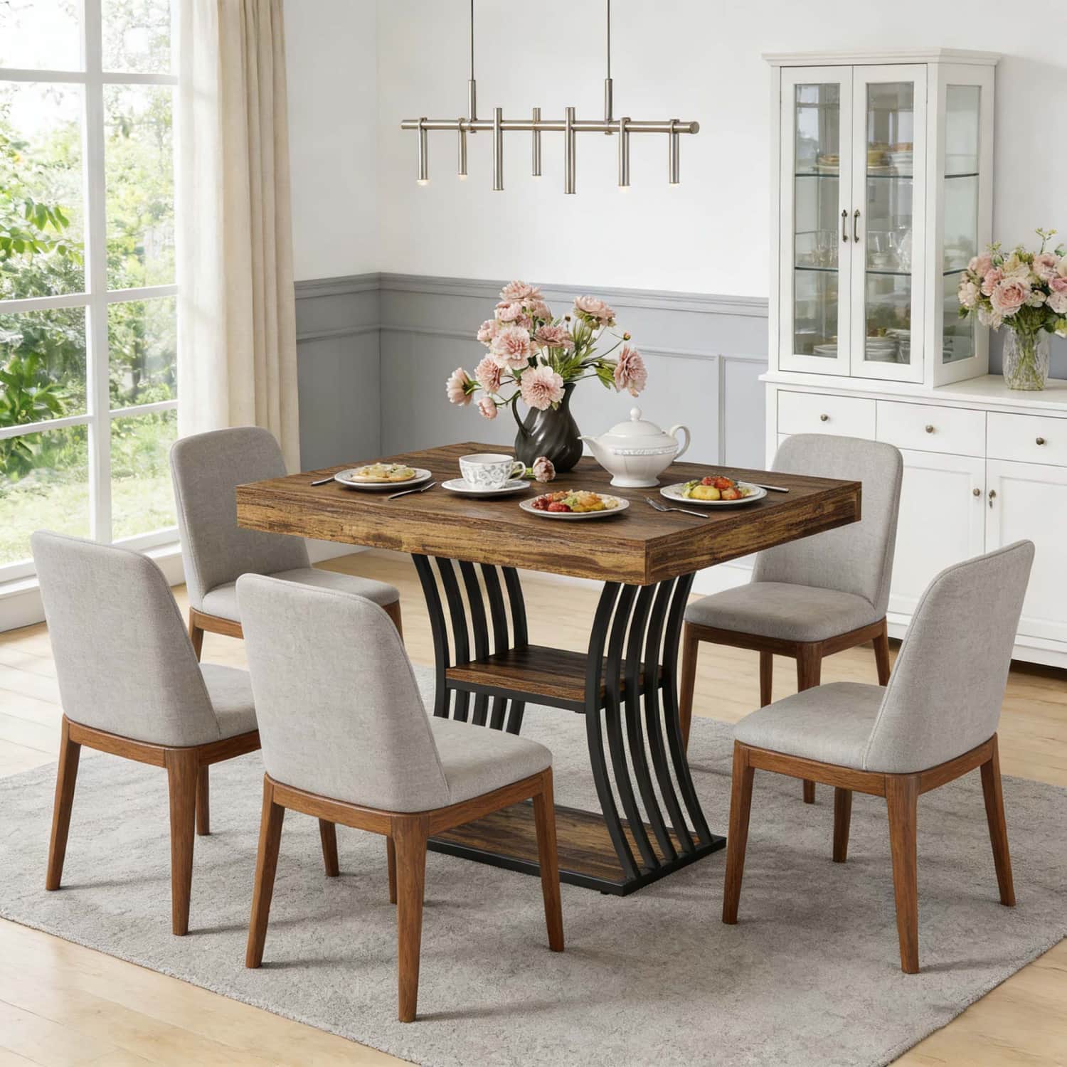 Industrial 4 Person Dining Table With 2 Storage Shelves, 80 X 80 X 76cm, Kitchen Table For Dining Room Living Room And Apartment, Rustic Brown(only Table)