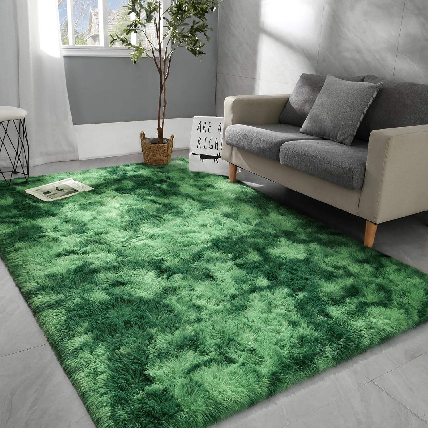 Image of 4 Sizes 8x10 Feet Plush Shag Rug - Long Pile Carpet Tie Dye Emerald Green, Non-slip Luxury Area Rug For Living Room Bedroom