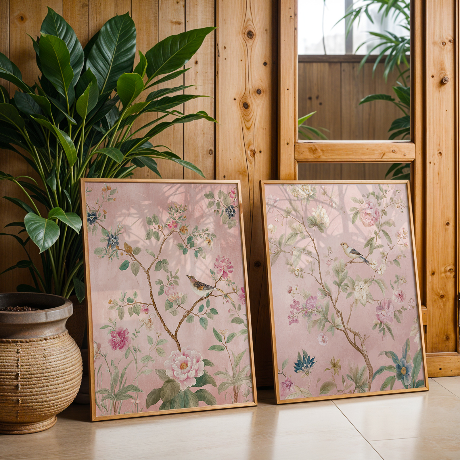 TEMU 2d Flat, 2d Flat, 2pcs Set, Wall Art, Retro Poster, Asian Art Print, Pink Chinese-style Floral And Bird Canvas Painting, Frameless, Unique And