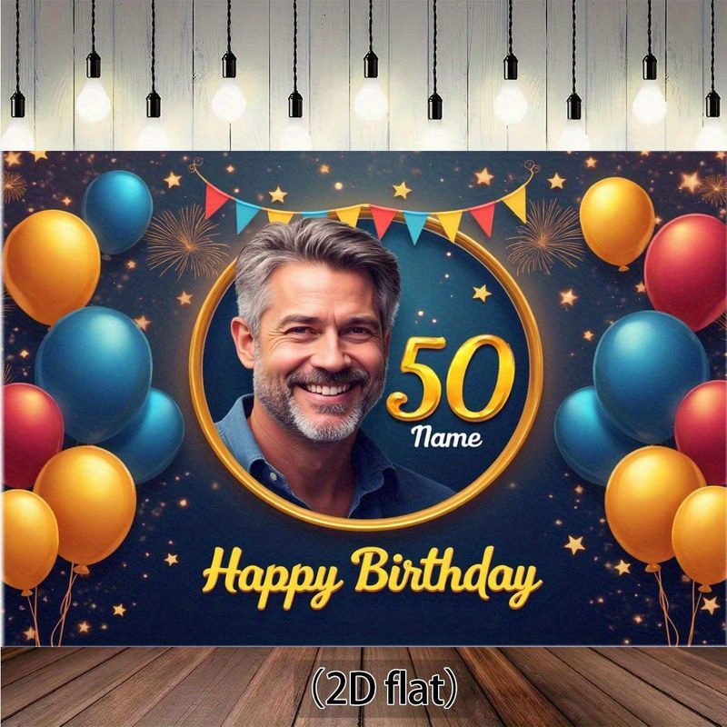 1pc personalized 50th birthday backdrop banner custom photo name blue golden balloons happy birthday party decoration photo booth background for milestone birthday party decorations no electricity needed easy setup birthday banner for men women him her birthday party supplies happy birthday decorations celebratory theme vibrant print quality 2d flat