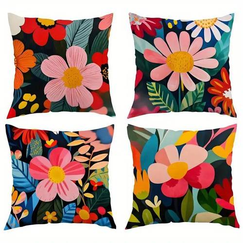 2d flat set of four flat tropical floral cushions for outdoor use made from machine washable polyester with zipper closure summer pillows enhance your outdoor seating decor