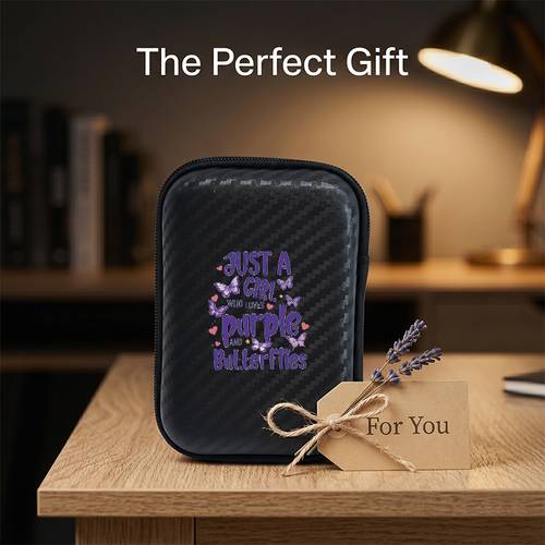 imagen del artículo estuche de almacenamiento para auriculares de 1 pieza con estampado 2d de mariposas moradas estilo niña, de de fibra de carbono eva, de almacenamiento portátil compatible con auriculares bluetooth inalámbricos, auriculares con cable, cables de , cargadores, llaves