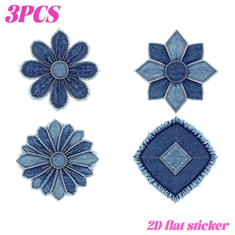 TEMU 3pcs 2d Flat Heat Transfer Stickers Compatible For Iron-on Transfers Heat Press Appliques - Blue Denim Flower And Diamond Patches With Frayed