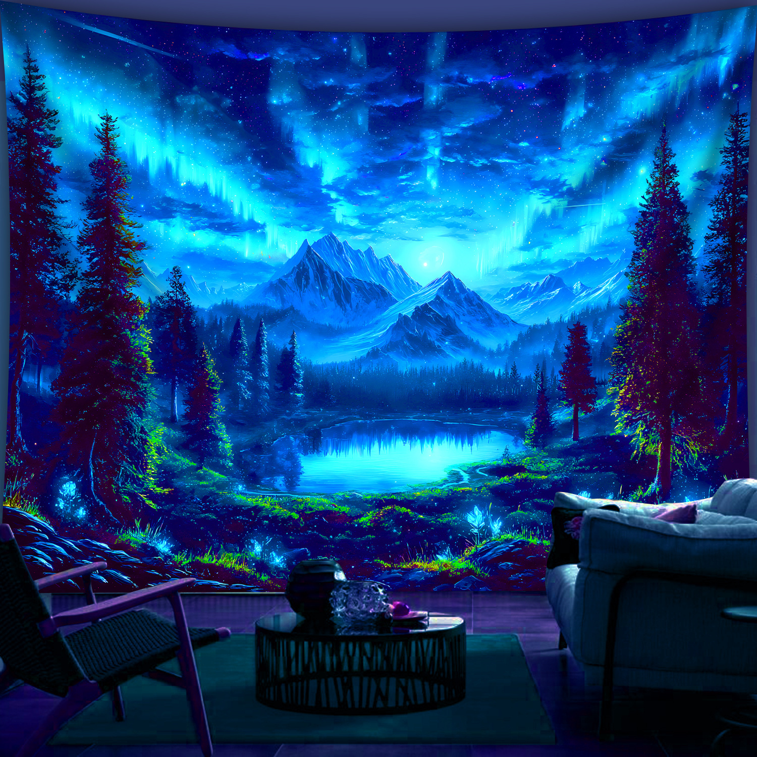 Fluorescent Uv Light Starry Sky Landscape Tapestry Wall Decor_voghion.com