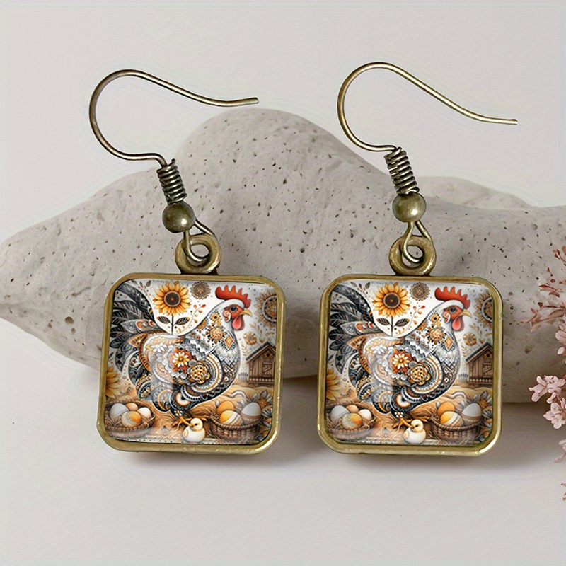 TEMU A Pair Of Vintage Glass Drop Earrings Featuring Sunflower And Rooster Illustrations, Handmade Gifts, Without Battery