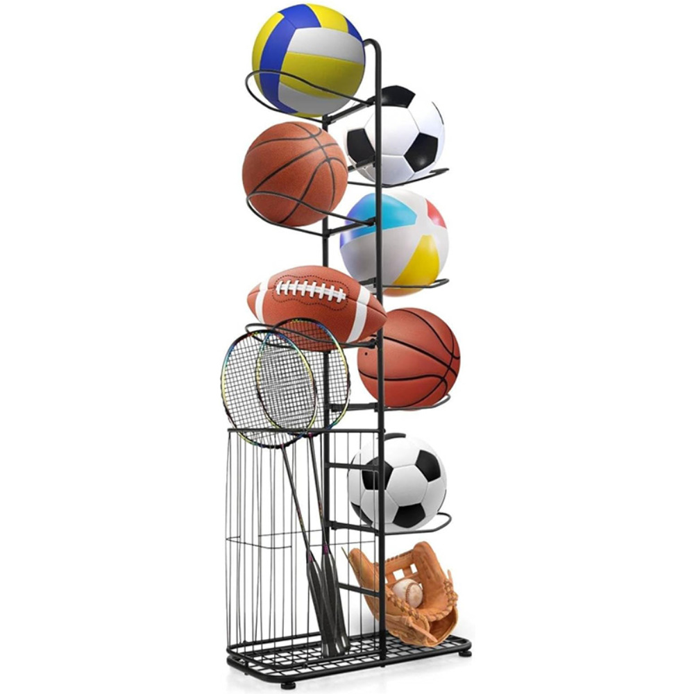 Basketball Storage Rack With 7 Racks And Hoops, Detachable Vertical Support, Suitable For Storing Sports Equipment Such As Balls, Volleyballs, And Soccer Balls.