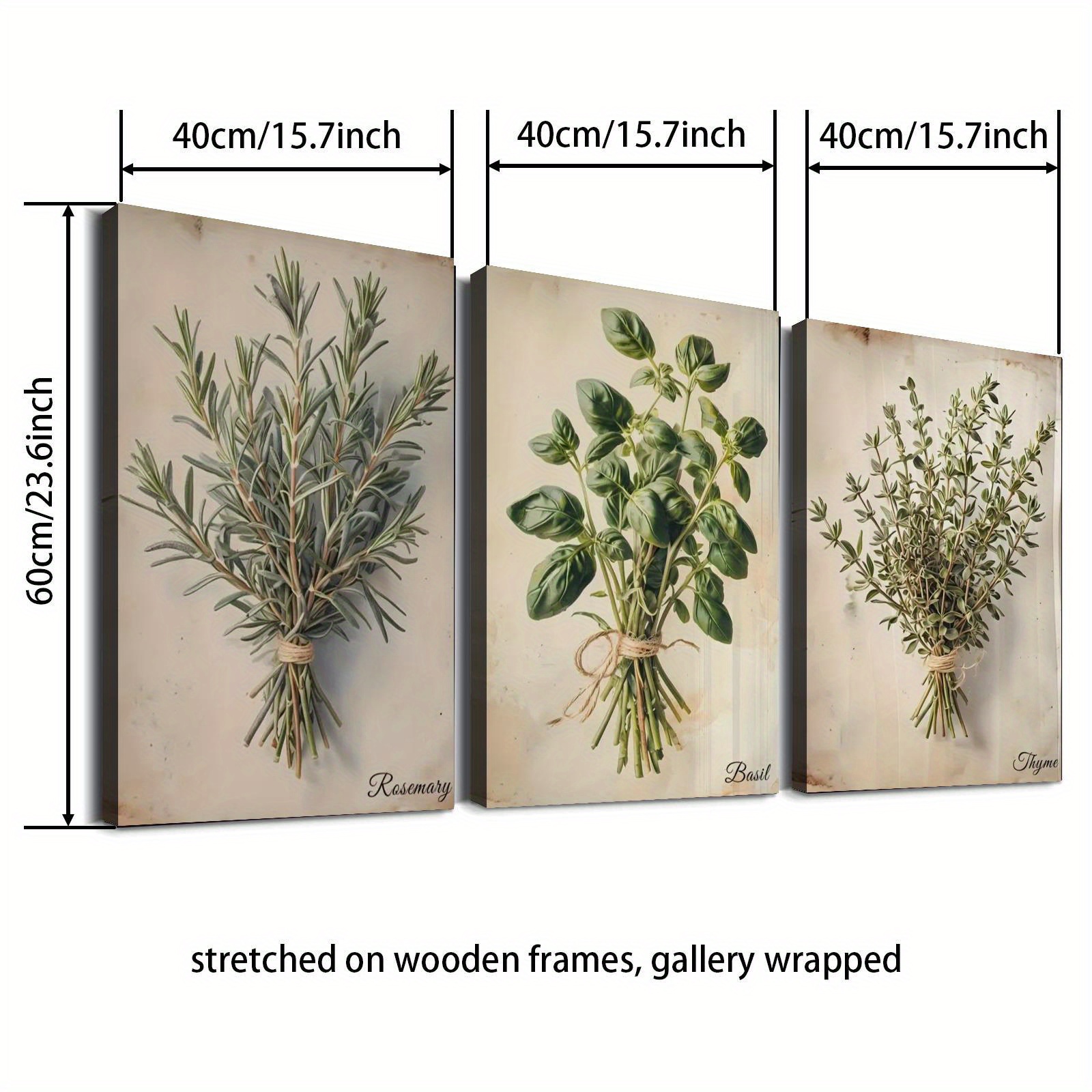 TEMU 2d Flat 3pcs Retro Watercolor Canvas Art Set - Farmhouse Style Vintage Paper Wall Decor With Rosemary, Sage, And Thyme, Wooden Frame,