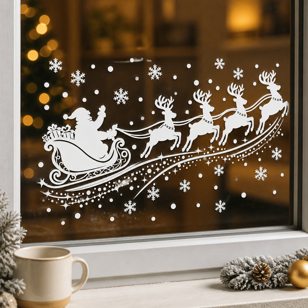 TEMU 1pc Christmas Static Cling Window Decal, Santa Claus Sleigh Reindeer & Snowflake Static Cling Window Decal, White Christmas Glass Removable
