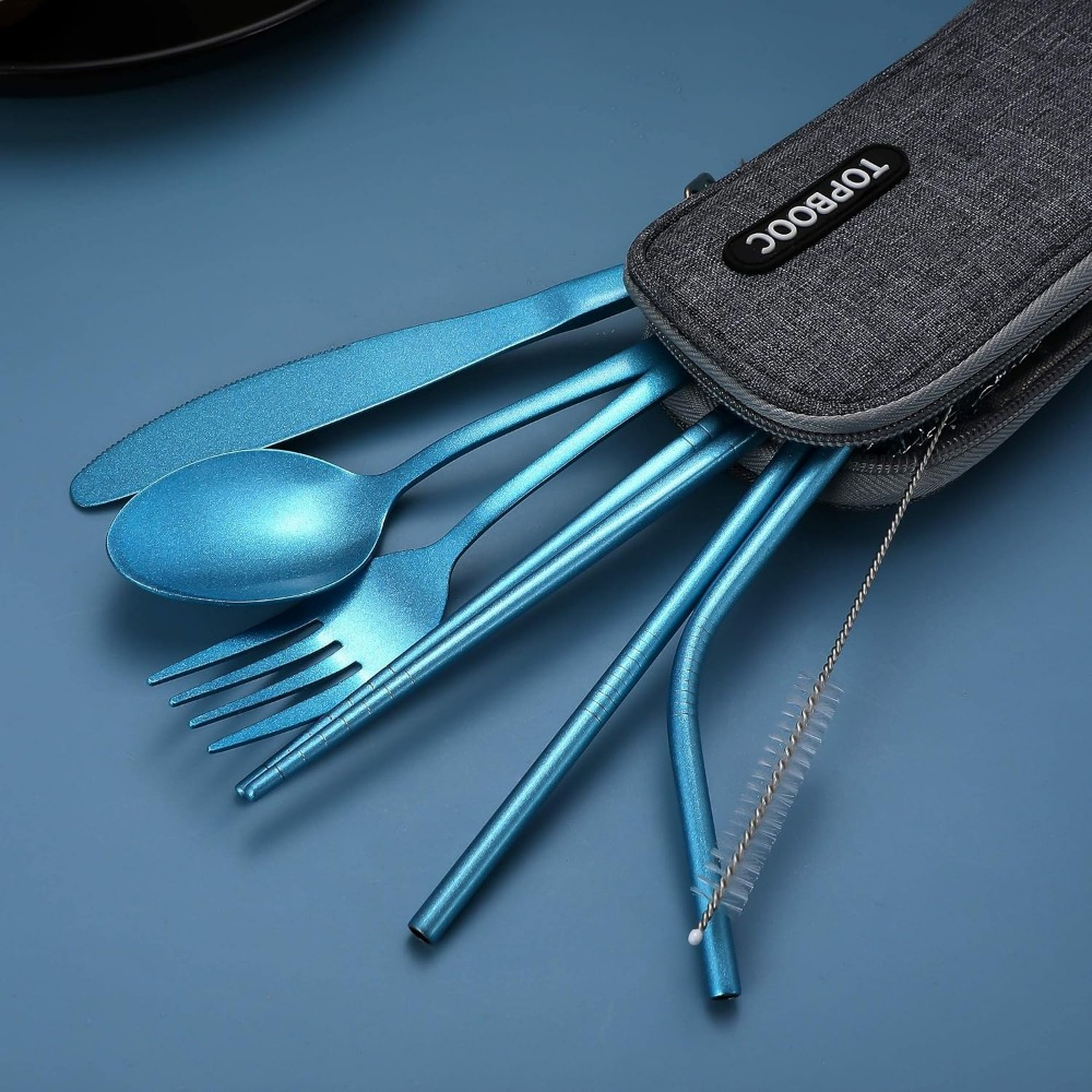 portable stainless steel flatware set travel camping cutlery portable utensil silverware dinnerware set with a case black Product details 8
