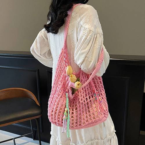 womens elegant hollow out knit beach bag large woven tote with fixed shoulder straps tassel accents open vacation purse in white pink