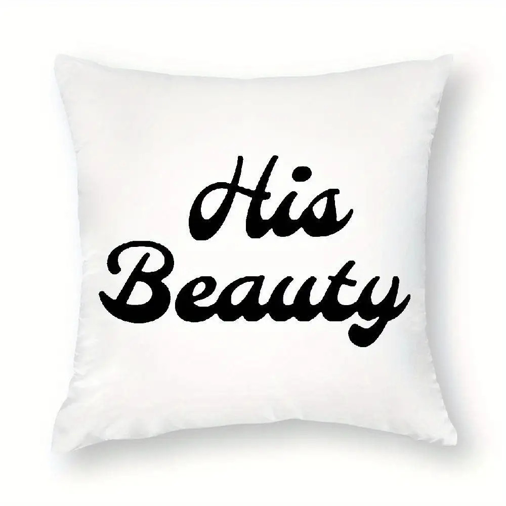 his hers couples pillowcase funny romantic gift with his beauty   initials elegant cursive lettering on white zipper closure hand wash only retro style matching bedding for couples Product details 1