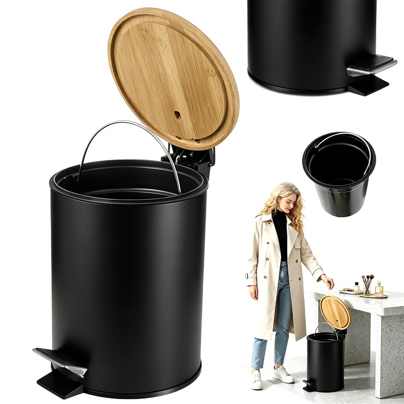 Image of 3l Round Pedal Trash Can With Bamboo Lid - Small White Bathroom Bin, Stainless Steel Pedal Bin With Lid - Suitable For Bathrooms, Vanities, And Compact Spaces