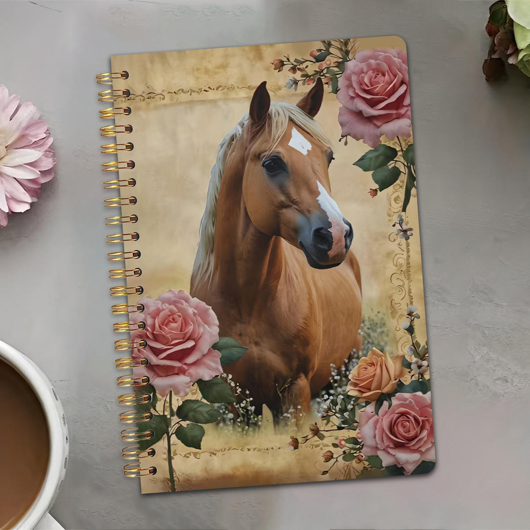 TEMU Un cahier spiral à thème avec des chevaux et des roses roses, idéal pour des pensées et des , ce qui un excellent cadeau pour des chevaux et .