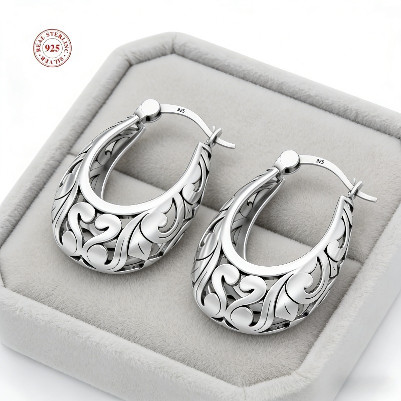 TEMU A Pair Of S925 Sterling Silver Hollow Engraved Earrings, Women's Elegant Lightweight Stud Earrings, Jewelry Gift Box