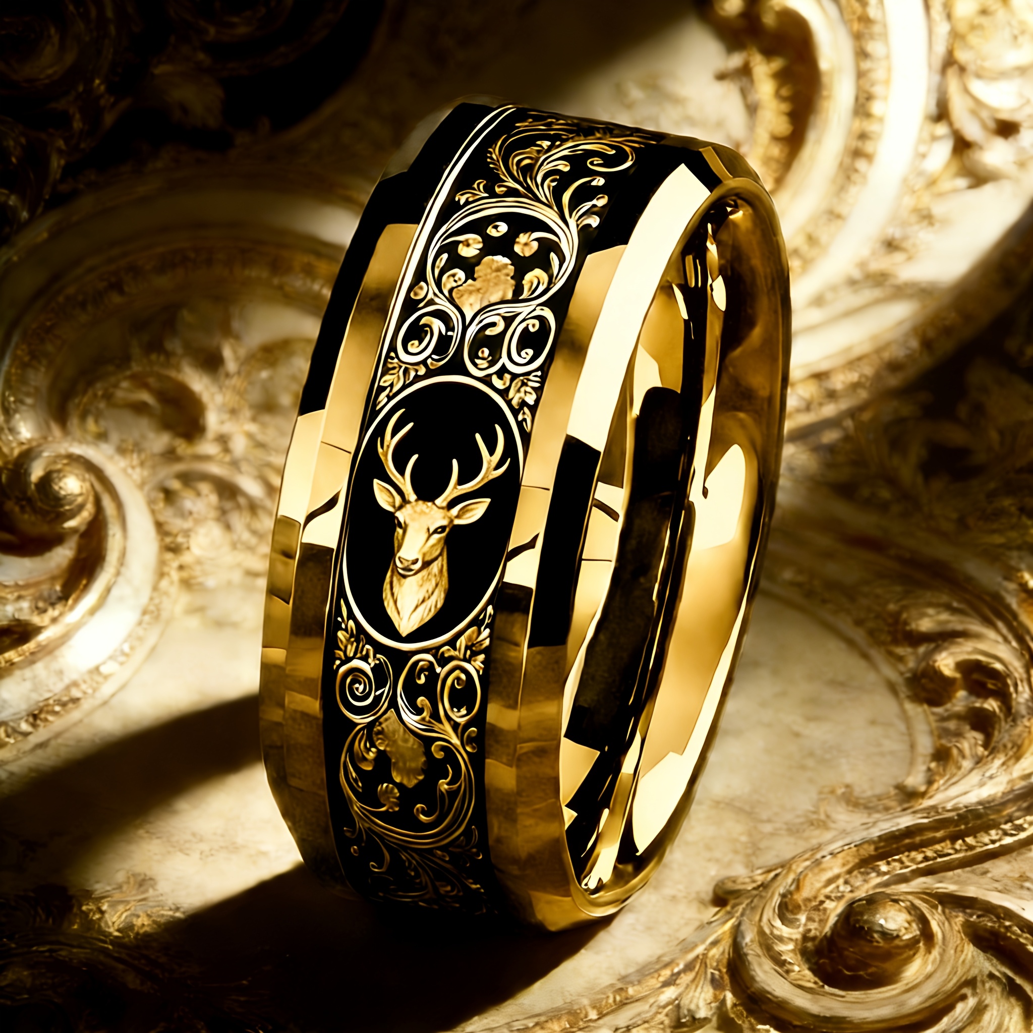 TEMU Bague en acier inoxydable avec totem de tête de cerf dorée sculptée, texture rétro , design unique, accessoire premium polyvalent pour hommes