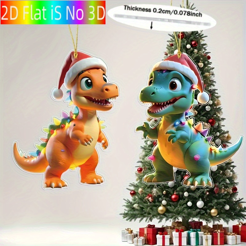 TEMU 2d Flat, Set Of 2 Fantasy Dinosaur Acrylic Christmas Tree Ornaments With Santa Hats - Festive Holiday Decorations Suitable For Christmas And ,