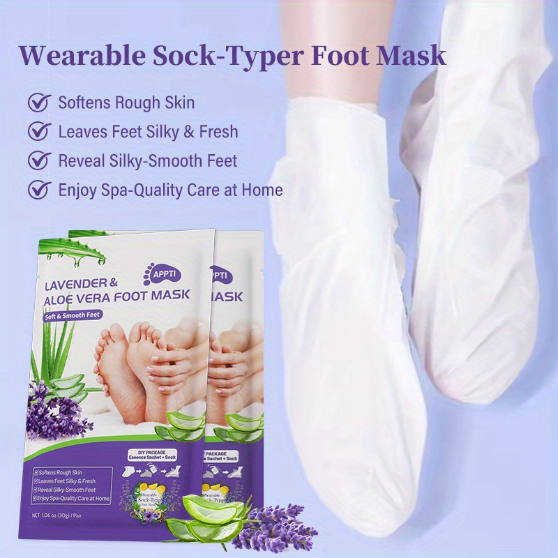 [Lavender & Aloe Foot Mask] APPTI 5pcs Lavender & Aloe Vera Foot Mask - Exfoliating, Moisturizing & Nourishing with Lactic Acid, Urea & Malic Acid, Softens Rough Light Beige & Smooth Feet, DIY Essence Socks, 30g/Pair, Alcohol-Free, Fragrance-Free, for Dry Cracked Heels, Skincare Routine, Sleek Packaging, Natural Ingredients