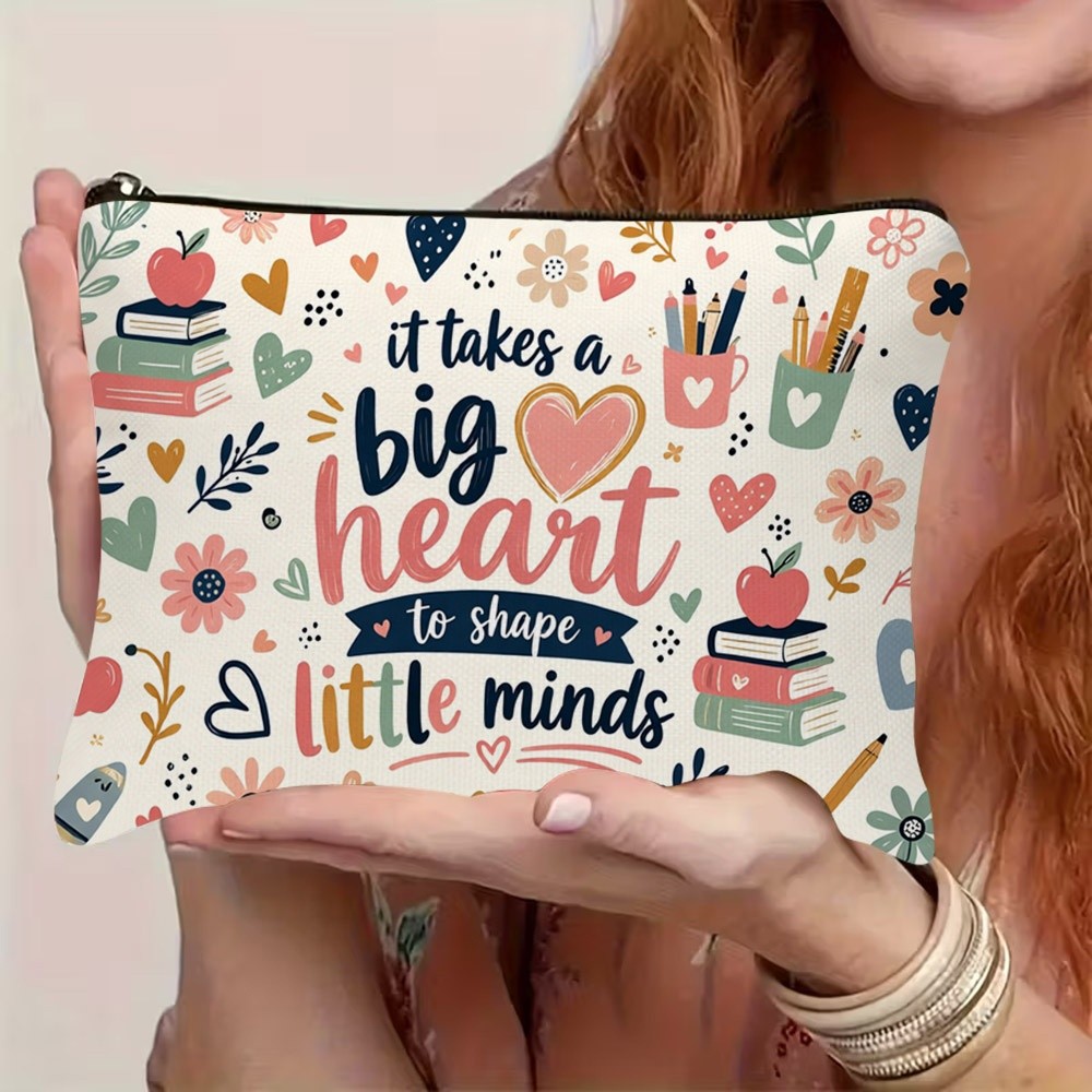 TEMU Love Heart Book Doodle Print Zippered Makeup Bag, "shaping Needs A Heart" Teacher Appreciation Theme Cosmetic Bag, Portable Large Capacity