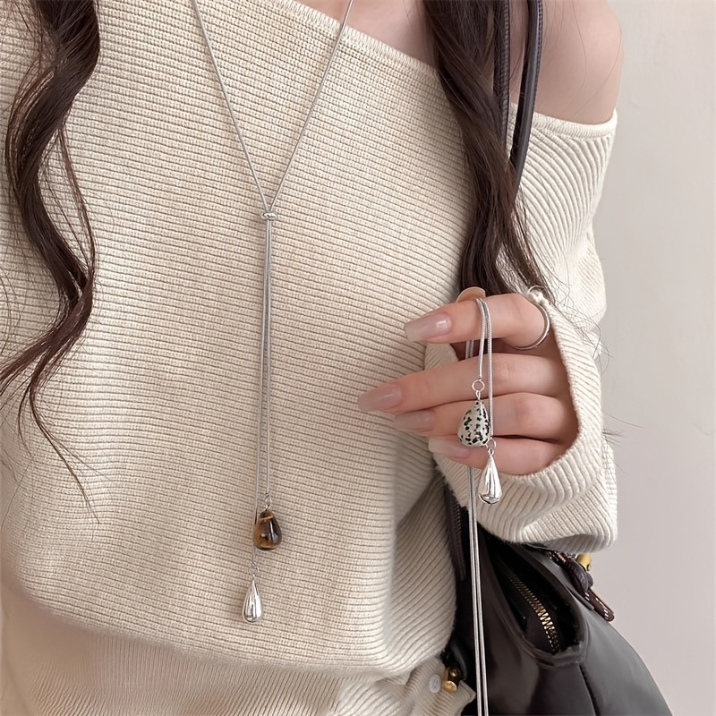 TEMU 2pcs New Teardrop Pull-out Necklace For Women, Featuring A Light Luxury Niche Design. Long Adjustable Sweater Chain, Versatile And High-end With