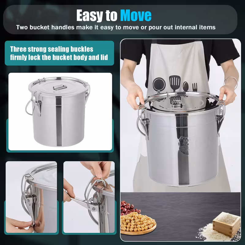 1pc stainless steel food sealing jar suitable for kitchen rice grain storage 12l large capacity stainless steel double sealing protection family storage container with handle and lid Product details 8