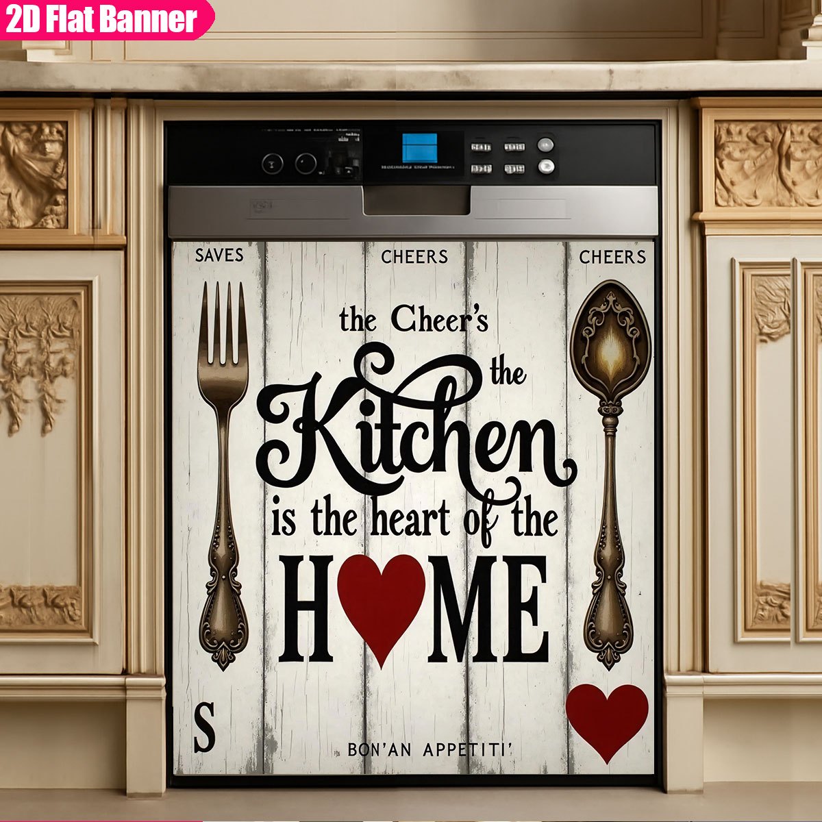 TEMU 2d Flat Dishwasher Door Cover - Pvc In White And Black, Featuring Panel Sticker With The Saying 'the Kitchen Is Of The Home' And A Cutlery