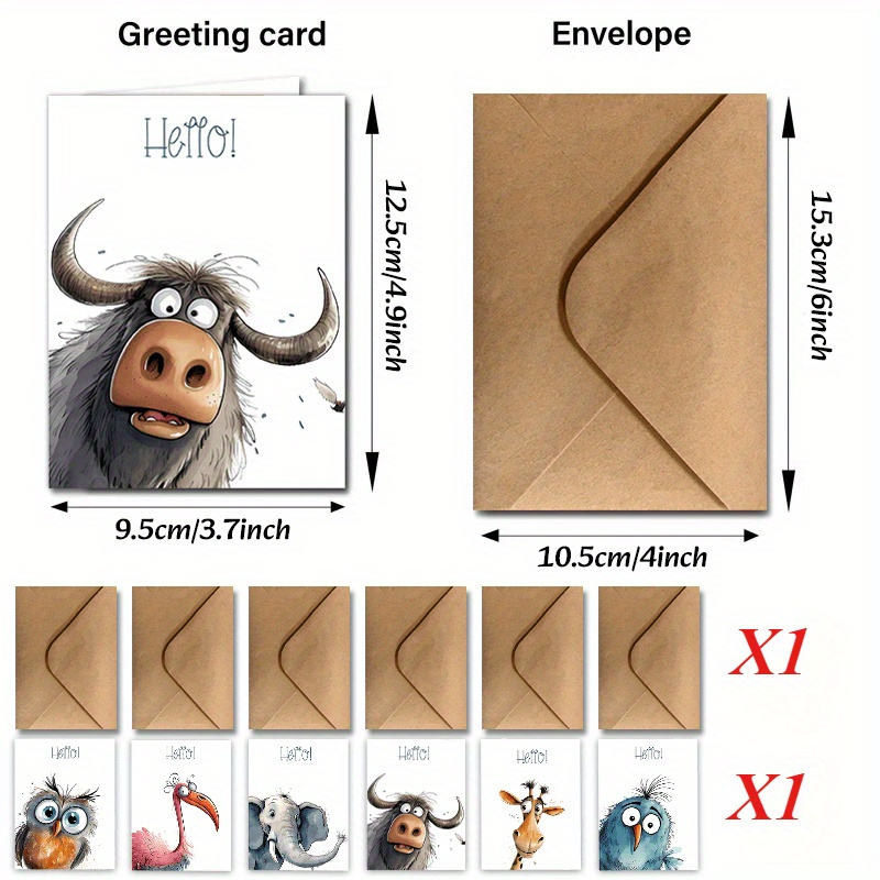Image of 12 Funny Animal Greeting Cards & Envelopes - Diverse Occasions: Thanksgiving, Christmas, New Year, Easter, Halloween | Giraffe, Owl, Buffalo, Elephant, Peacock Designs