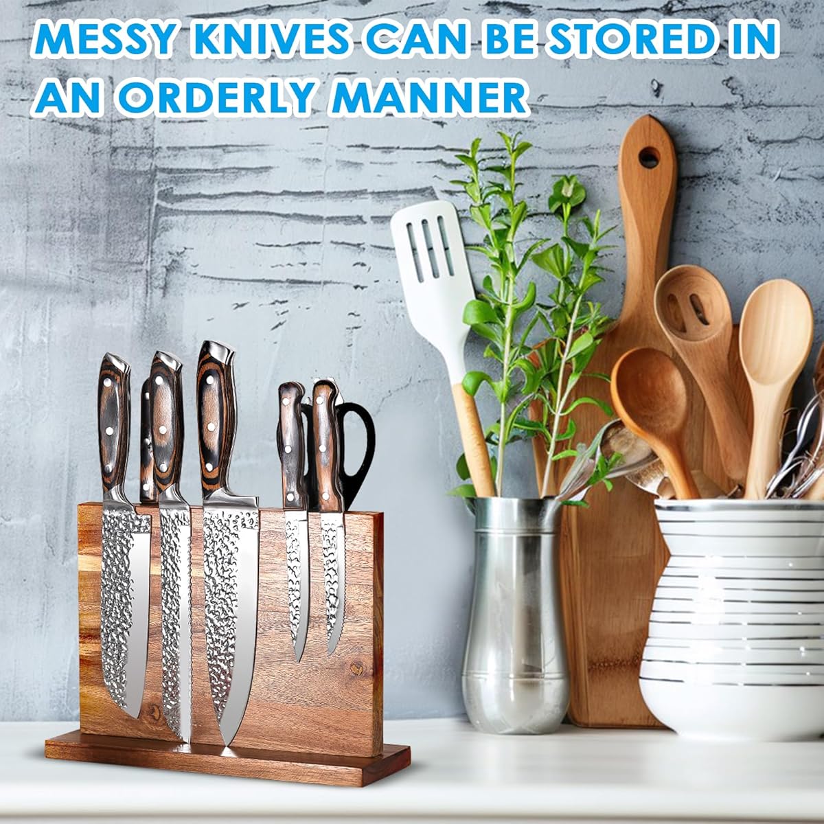 Image of Magnetic Knife Holder, Double-sided Strong Magnet Acacia Wood Knife Storage Rack, Space-saving Cutlery Organizer Wall-mount Utensil Strip For Home Kitchen Counter Cabinet