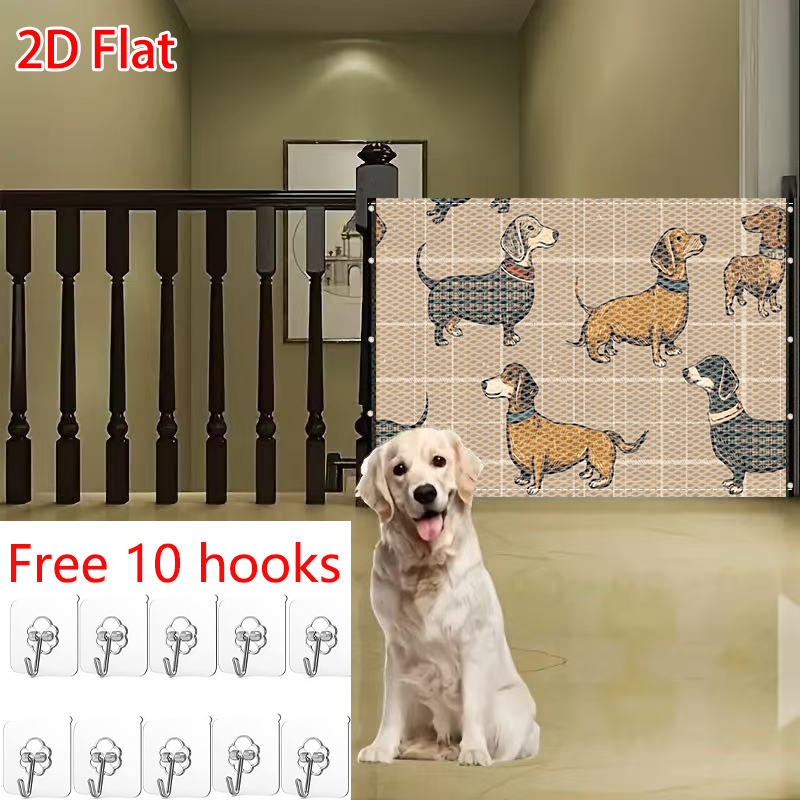 TEMU 1pc 2d Flat Modern Dachshund Print Pet Staircase Mesh Gate With 10 Hooks, And Remove, Portable Folding Pet Fence Gate, Staircase Safety Gate,