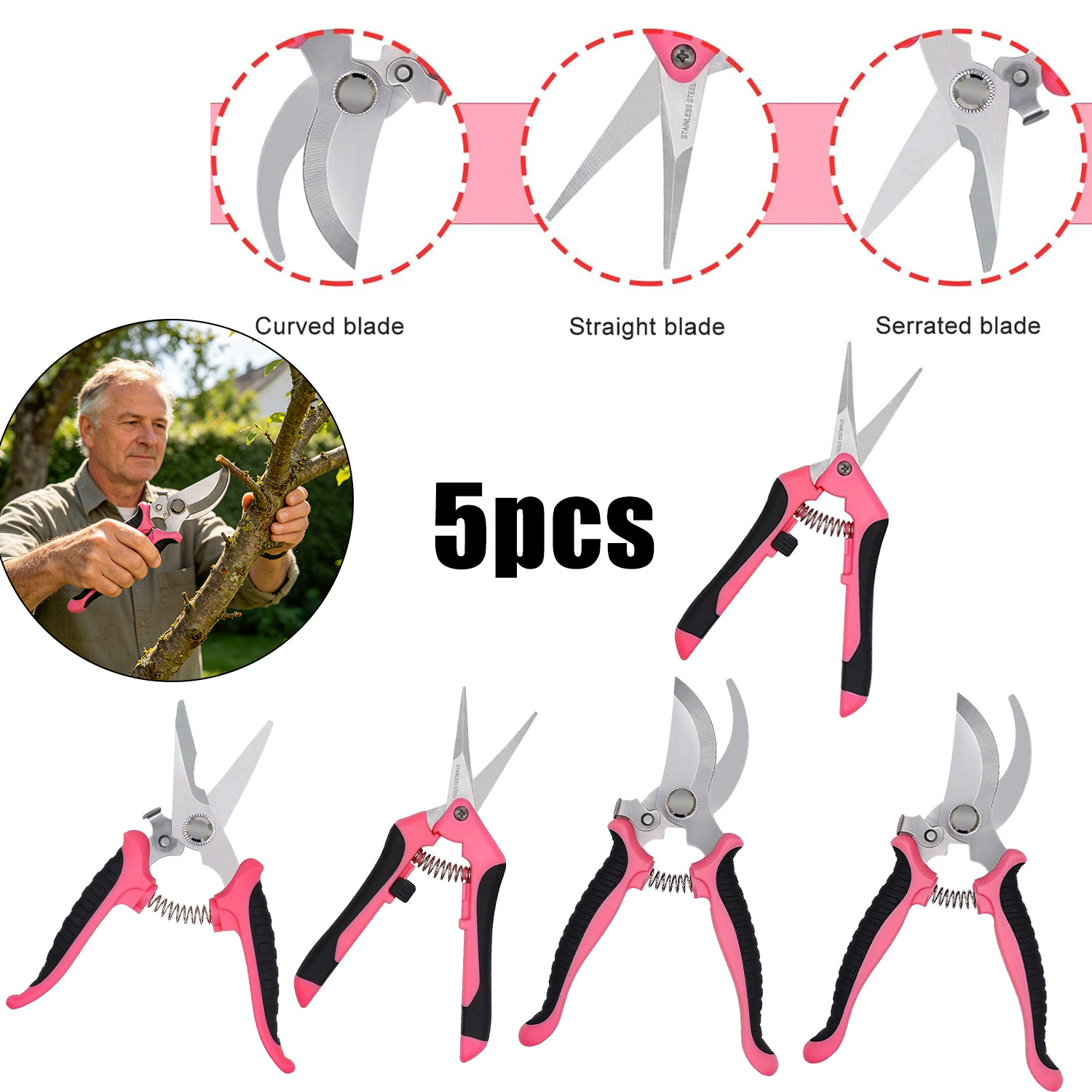 TEMU [heavy-duty Pruning Shears] 5pcs Garden Pruning Shears Set With Stainless Steel , Heavy-duty Non-slip Handles, Suitable For Cutting Flowers,
