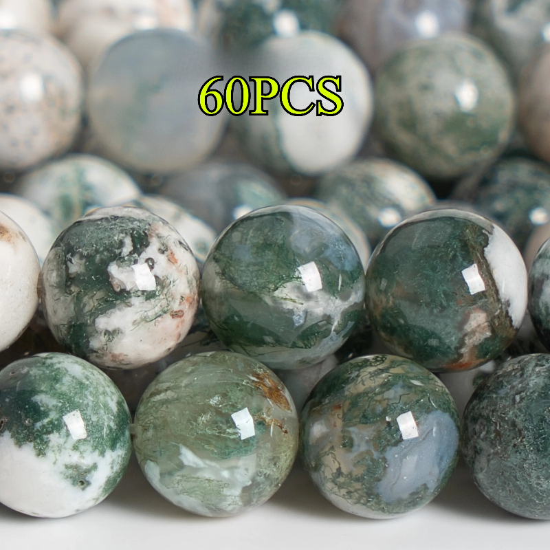 TEMU Perles d'agate d'arbre rondes de 8 mm , d'agate mousse polie avec motif de cernes d'arbre, perles de pour fournitures de bijouterie, perles
