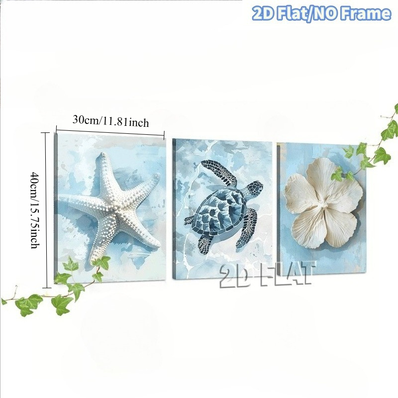 TEMU 2d Flat, 2d Flat, 3pcs 2d Flat Frameless Flat Art | High-definition Canvas Turtle, Starfish, And Seashell Floral Painting | Suitable For Beach