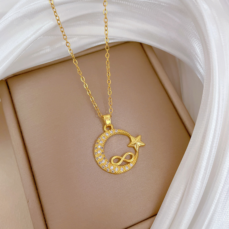Image of Necklace Featuring A Pendant Of Stars And Moon With A - Delicately With Zirconia - A Chic And Elegant Clavicle Chain Suitable For Women