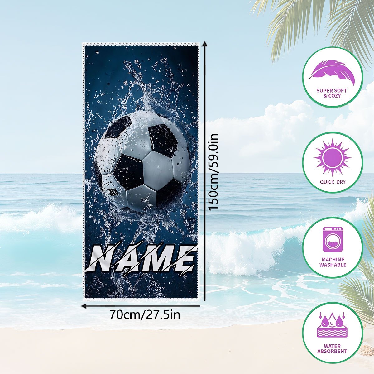 TEMU 1 Personalized Splash Football Print Beach Towel, Custom Name Design, Microfiber Quick Dry Bath Towel, Soft Absorbent For Beach Pool Travel