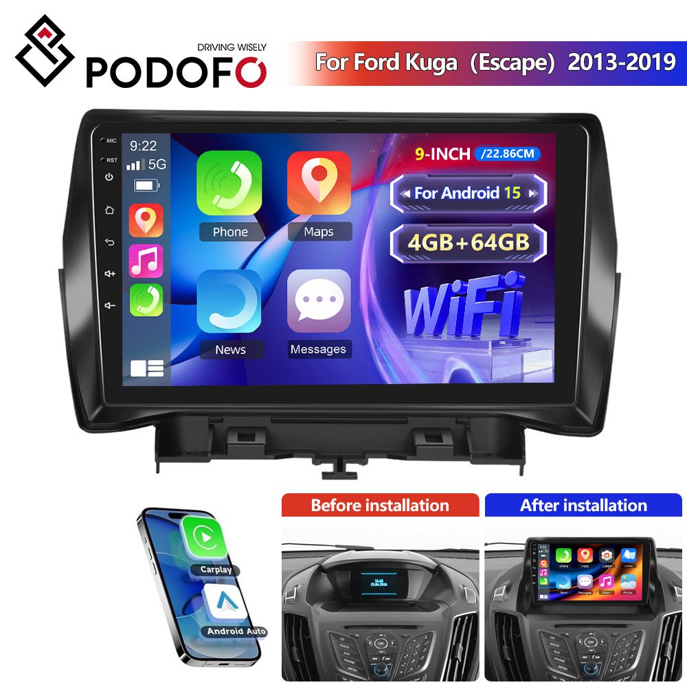 Podofo [4g+64g] Car Radio For Ford Kuga 2013-2019 (matte Black) 15 Auto , 9 Inch Car Radio With 32ui Fm Rds Swc Gps Navigation Wifi Eq Wireless Mic, Without Battery