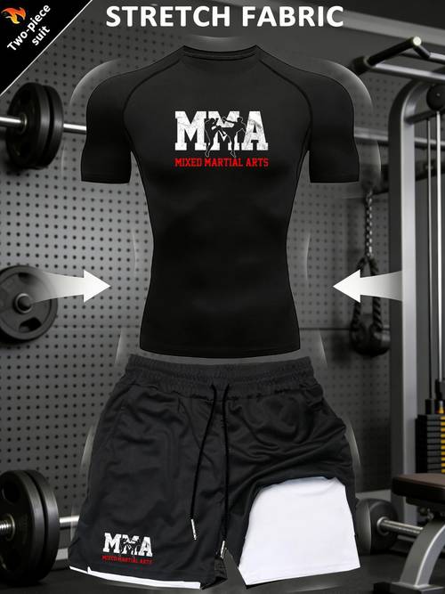 2pcs mens mma compression suit quick dry high stretch full body shaping t shirt shorts gym wear moisture wicking outfit suitable for mma cycling running gym for workout gear
