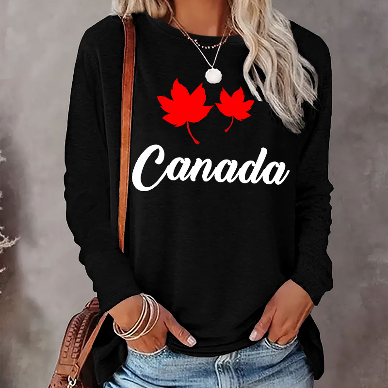 

T-Shirt Décontracté pour Femme à Manches Longues et Col Rond avec Imprimé Lettres "CANADA" & Design Feuille d'Érable Rouge, Tissu en 100% Polyester, Léger & Confortable pour Toutes , Idéal pour &