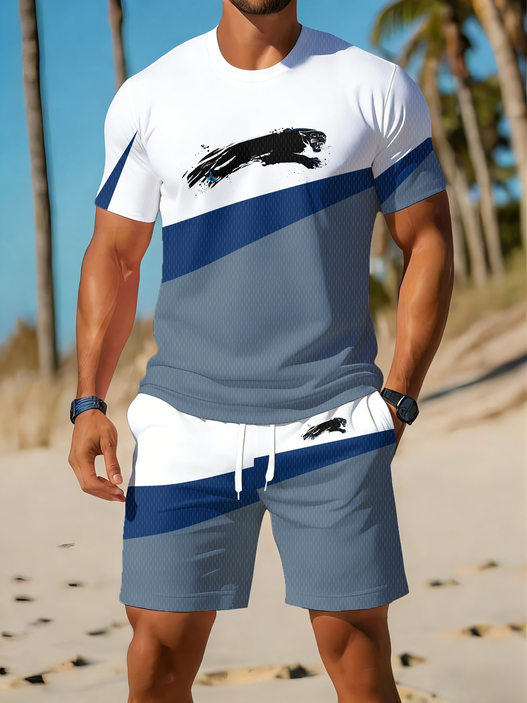 casual athletic set breathable outdoor leisure mens round neck t shirt shorts set summer     men adult
